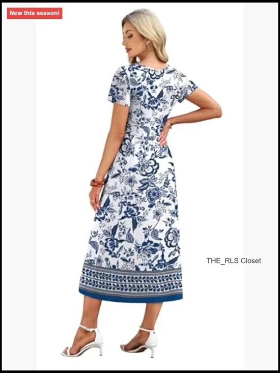 Flowy A-Line Midi Dress with Pockets, V-Neck, Short Sleeve - Picture 5 of 7